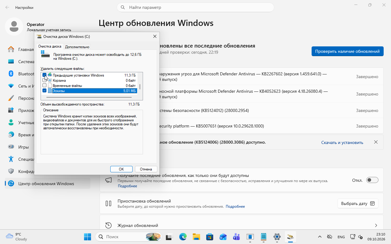 «Очистка диска Windows (C:)»: «Предыдущие установки Windows» отмечены,11,3ГБ. Также отмечены «Эскизы», их описание видно ниже. «ОК» не нажимали, удаление не выполнялось и копия сохранена.