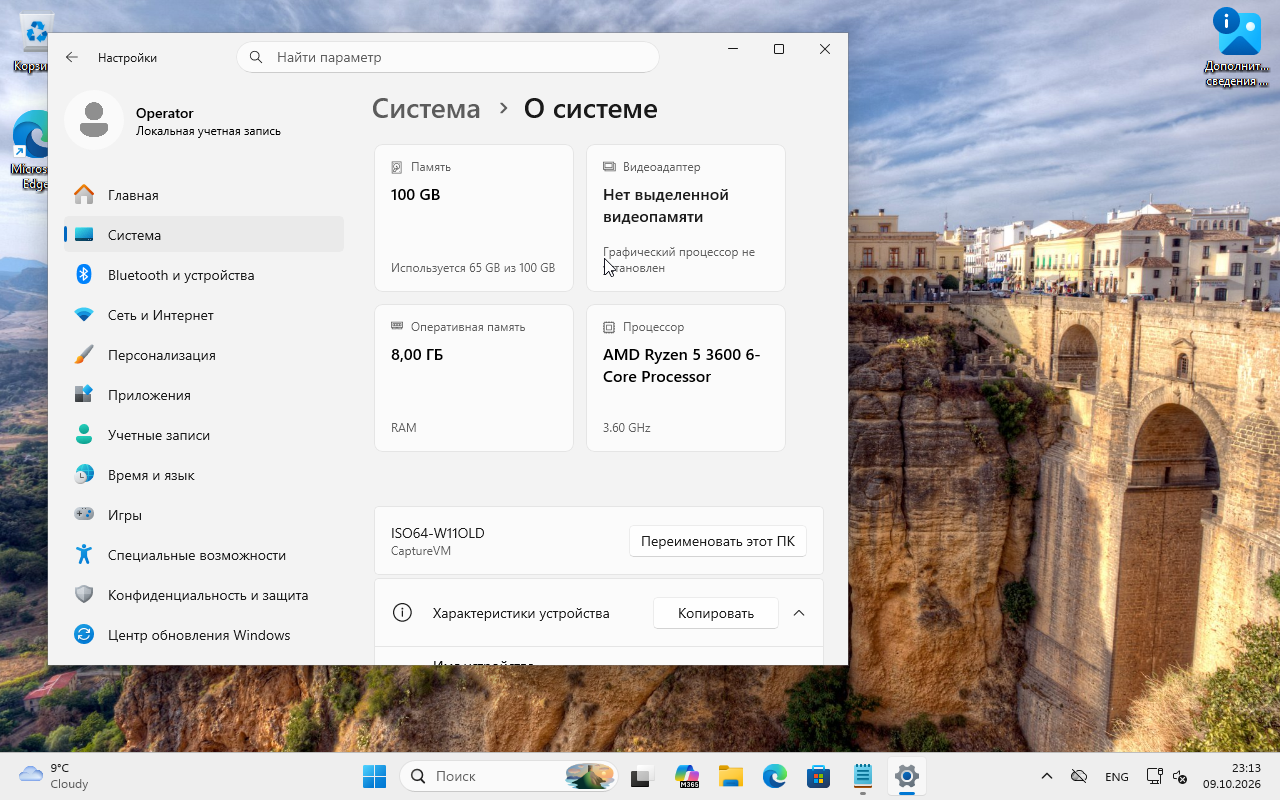 Пример другой лабораторной ВМ Windows 11: 8 ГБ ОЗУ, диск 100 ГБ и процессор Ryzen 5 3600 3,6 ГГц. Показаны реальные параметры окружения; это не проверка совместимости любого физического компьютера.