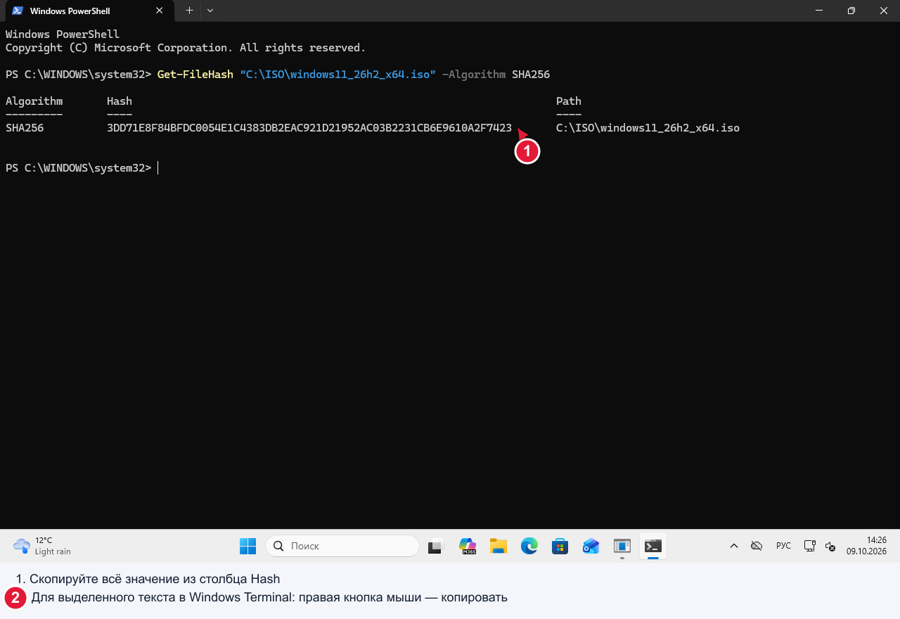 Результат Get-FileHash: алгоритм SHA256, контрольная сумма в столбце Hash и путь к файлу в столбце Path.